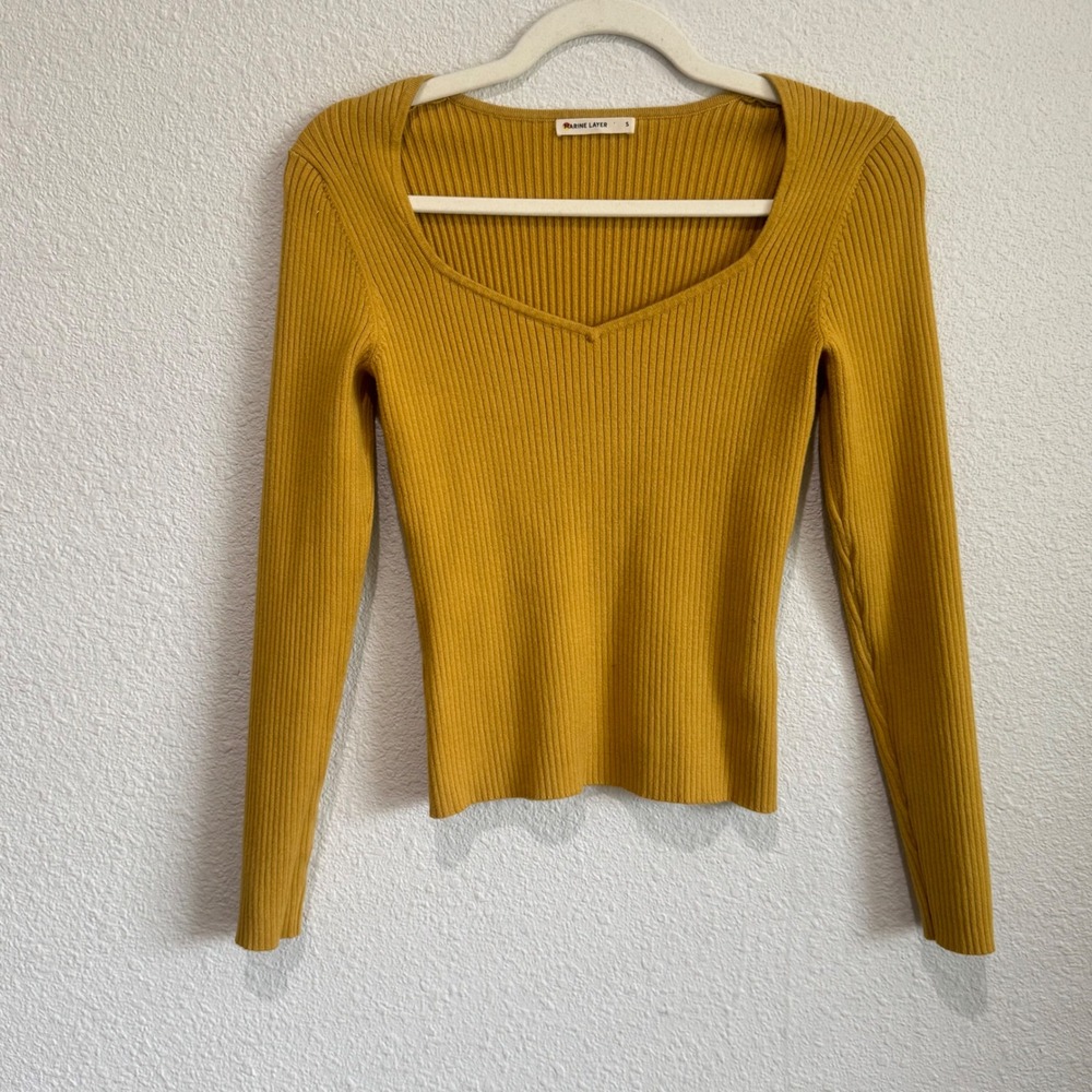 Marine Layer Womens Mustard Yellow Ribbed Sweetheart Long Sleeve Top Boho‎ S